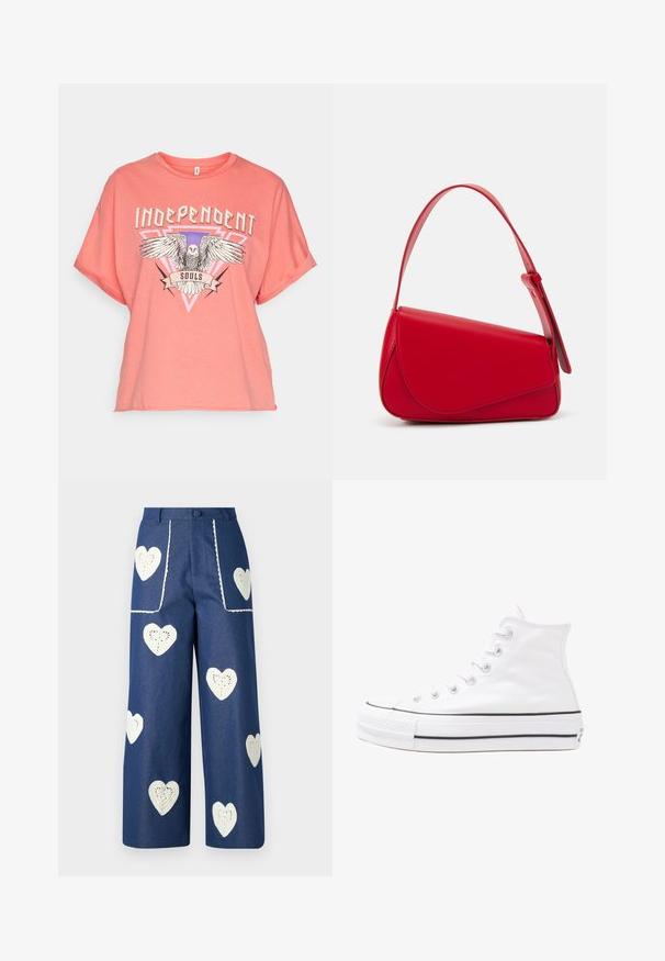 T-shirt a maniche corte color corallo, realizzato in morbido cotone, con una grafica che raffigura un'aquila e la parola "INDEPENDENT" in lettere in grassetto.; Sister Jane HEART TO HEART - Jeans a sigaretta - blue denim; Sneaker alta in tela bianca con suola in gomma nera, punta in gomma frontale e sei asole per i lacci, caratterizzata da un design pulito e minimalista.; Borsa a tracolla in pelle rossa con un design angolare e geometrico. Presenta una singola tracolla regolabile e una chiusura a patta con dettagli cuciti.