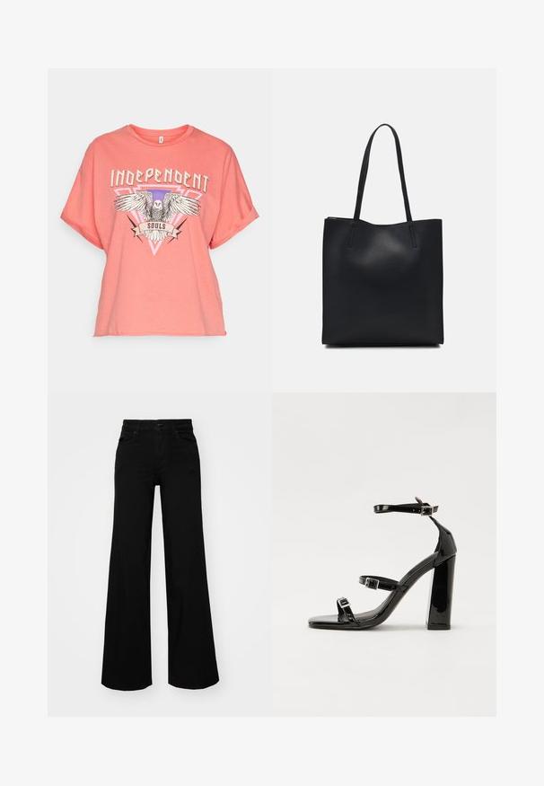 Korallrosa kortärmad t-shirt i mjuk bomull, med en grafisk design av en örn och ordet "INDEPENDENT" i fet stil.; Svarta vida byxor i denim, med en strukturerad midja, bältesöglor och framfickor. Slät textur med en klassisk design.; Svarta lackerade klacksandaler med fyrkantig tå, ankelremmar och silverfärgade spännen. Har en kraftig blockklack för stabilitet.; Svart lädertoffelväska med slät textur, rektangulär form och två långa handtag. Ingen synlig hårdvara eller dekorationer.
