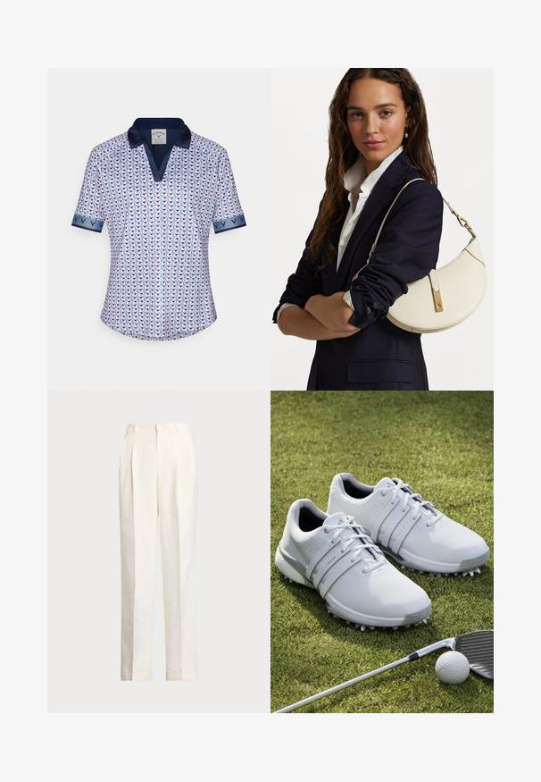 Pohodlná polokošeľa s krátkym rukávom vyrobená z ľahkého materiálu, s geometrickým vzorom v ružovej a modrej farbe a námorníckymi akcentmi na golieri a manžetách.; Polo Ralph Lauren HEMP WIDE LEG PANT - Nohavice - nevis; Biele golfové topánky so syntetickým vrchom, textúrovanými panelmi a šnurovacím dizajnom. Obsahujú výrazné hroty na podrážke a polstrované stielky.; Biely kožený kabelka s zakriveným tvarom, zlatou kovovou výbavou a textúrovaným povrchom, nosená cez tmavý blejzer a bielu košeľu.