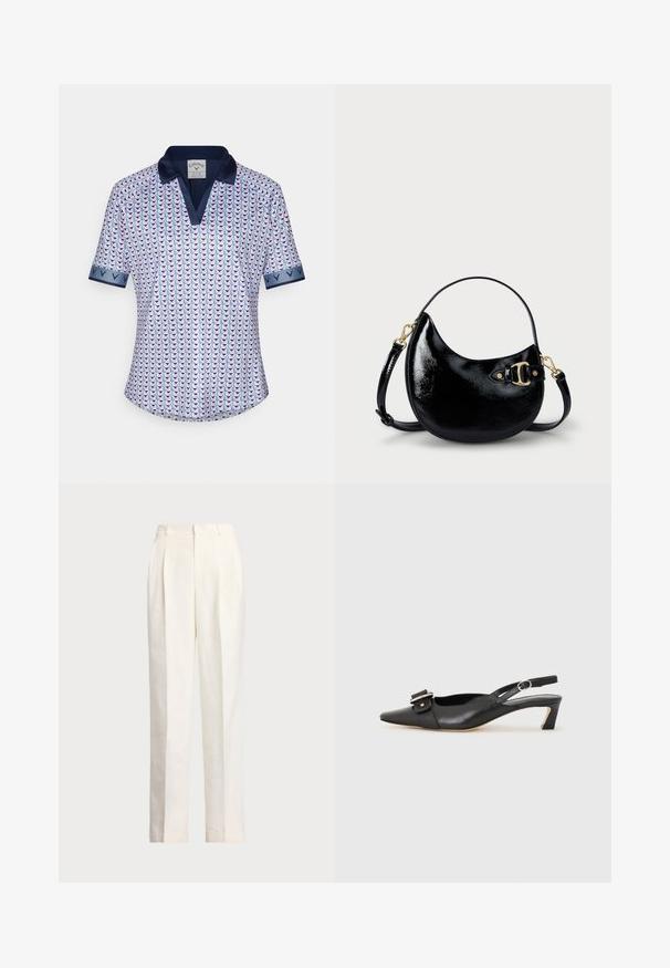 Kortærmet polo-shirt lavet af letvægtsstof, med et geometrisk mønster i pink og blå, samt marineblå krave og manchetter.; Polo Ralph Lauren HEMP WIDE LEG PANT - Bukser - nevis; Sorte læder slingback sko med spidse tæer, lille hæl og dekorativ spænde detalje på overdelen. Glat tekstur, minimalistisk design.; Sort patenteret lædertaske med en buet form, justerbar rem og detaljer i guldtonet metal på siden. Glat, skinnende overflade.