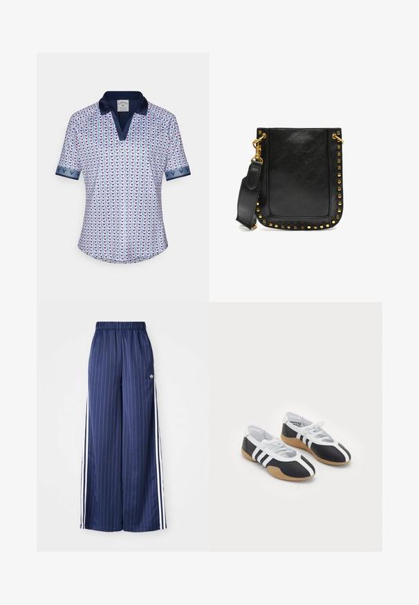 Polo a maniche corte realizzato in tessuto leggero, con un motivo geometrico in rosa e blu, colletto e dettagli dei polsini in blu navy.; Pantaloni a gamba larga blu navy con strisce verticali bianche, cintura elastica e tre strisce bianche su ciascun lato, realizzati in un materiale leggero.; Scarpe da ginnastica in bianco e nero con un design elegante, suola in gomma, chiusura con lacci e tre strisce bianche sui lati.; Borsa a tracolla in pelle nera con borchie dorate lungo i bordi, dalla forma piatta e con una tracolla regolabile dotata di un gancio in oro.