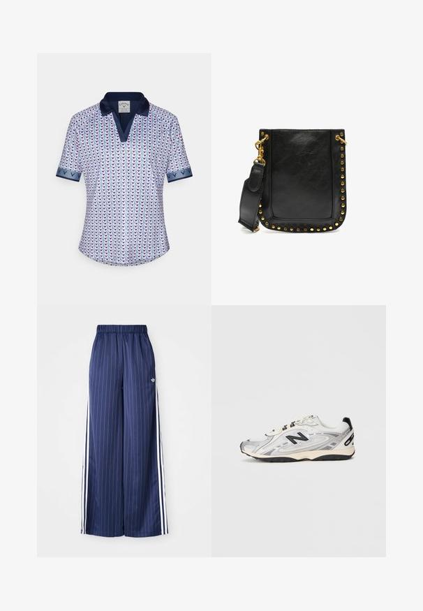 Korte mouwen polo shirt van lichte stof, met een geometrisch patroon in roze en blauw, en een marineblauwe kraag en manchetten.; Navyblauwe wijde broek met verticale witte strepen, elastische tailleband en drie witte strepen aan elke kant, gemaakt van een lichtgewicht materiaal.; Grijze en witte sportschoen met een ronde neus, gemaakt van mesh en synthetische materialen, zwarte accenten en een gestructureerde rubberen zool.; Zwarte leren handtas met gouden studs langs de randen, een platte vorm en een verstelbare strap met een gouden sluiting.