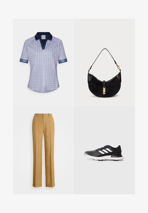 Korte mouwen polo shirt van lichte stof, met een geometrisch patroon in roze en blauw, en een marineblauwe kraag en manchetten.; Polo Ralph Lauren YARD LINEN FULL FLAT FRONT - Broek - sand dune; Zwarte sportschoen met witte strepen, gestructureerde bovenkant, ronde neus en een witte rubberen Zool met kleine spikes voor grip.; Zwarte handtas met een gebogen vorm, gemaakt van suede en leer, met een goudkleurige rits en een logodetail. Inclusief een korte handgreep.