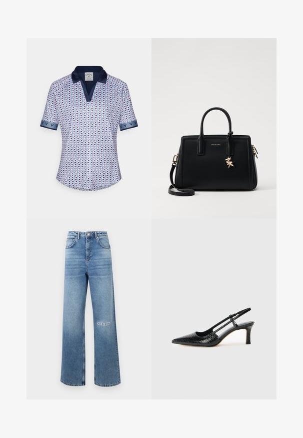 Īsa piedurkne polo krekls, kas izgatavots no viegla auduma, ar ģeometrisku rakstu rozā un zilā krāsā, ar tumši zilu apkakli un aproču akcentiem.; Gai zili platās bikses izgatavotas no denima auduma, ar augsto jostasvietu, piecu kabatu dizainu un "STIEGLITZ" izšuvumu kreisajā augšstilbā.; Melna patent āda ar slīdošo papēdi un smailo purngalu, ar teksturētu čūsku drukājumu, regulējamu siksniņu un īsu teksturētu blokpapēdi.; Melnas ādas rokas soma ar strukturētu dizainu, dubultiem augšējiem rokturiem, noņemamu plecu siksnu, zelta aparatūru un logo piekariņu akcentu.