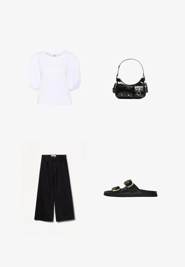 Vit kortärmad topp med puffärmar. Slät textur med kroppsnära passform och rund halsringning. Idealisk för vardags- eller halvofficiella tillställningar.; Bershka WIDE-LEG - Wide leg - black; Svart glidsandal med två guldfärgad spännen, slät textur av material, platt sula och en minimalistisk design.; Svart lackläderhandväska med en rundad form, en axelrem, framfickor och detaljer i silverfärg.