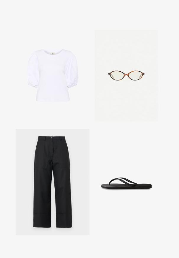 Biała bluzka z krótkim rękawem i bufiastymi rękawami. Gładka tekstura, dopasowany fason oraz okrągły dekolt. Idealna na codzienne lub półformalene okazje.; Czarne spodnie w szerokim kroju wykonane z gładkiego materiału. Posiadają zapięcie na guzik, kieszenie z przodu oraz proste linie. Dół jest lekko rozszerzany.; Czarne klapki z teksturowaną gumową podeszwą, dwiema smukłymi paskami oraz subtelnym, wytłoczonym logo na pasku.; Okulary w kolorze tortoiseshell z owalnymi soczewkami i gładkim, eleganckim wykończeniem. Posiadają cienkie boki z delikatnym łukiem w okolicy skroni. Przezroczyste soczewki.