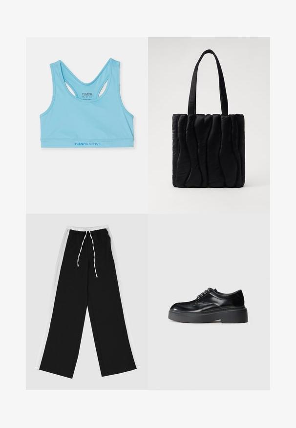 Jasnoniebieski sportowy top crop wykonany z gładkiego materiału, z designem typu racerback oraz logo w ciemniejszym odcieniu niebieskiego na talii.; Czarne szerokie spodnie z białym paskiem po boku, elastycznym pasem w talii i sznurkiem do ściągania. Wykonane z miękkiego, gładkiego materiału dla wygody.; Czarne skórzane buty z okrągłym noskiem, grubą platformą i dekoracyjnym zdobieniem w postaci sznurowadeł. Gładka tekstura i widoczne kontrastowe przeszycia.; Czarna torba na ramię wykonana z wyściełanego materiału, z falistą fakturą, dwoma mocnymi uchwytami i prostokątnym kształtem. Prosty, nowoczesny design.
