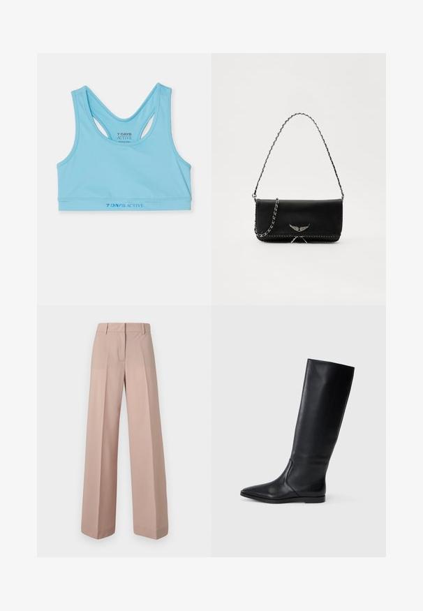 Light blue athletic crop top made from smooth fabric, featuring a racerback design and logo in darker blue at the waist.; Wide-leg trousers in a soft pink fabric, featuring a flat front, waistband with belt loops, and a smooth texture.; Black leather knee-high boot with a pointed toe and minimal design. Smooth texture and flat sole, featuring discreet side stitching details.; Black leather handbag with a silver chain strap, featuring decorative wing accents and white stitching along the bottom seam.