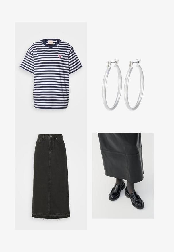 Scotch & Soda CORE THE FREE SPIRIT PEACE BIRD - Apdrukāts T-krekls - navy/white; Melnas denima midi svārki ar pieguļošu jostasvietu, priekšējo pogu aizdari un saplēstu apakšmalu. Iekļauj klasisko piecu kabatu dizainu un vieglu tekstūru.; Melni ādas loafers ar gludu apdari, ar dekoratīvu jostu, apaļu pirkstu un teksturētu zoli. Valkāti ar garu melnu ādas svārku.; Sudraba riņķveida auss gredzeni ar gludu, pulētu apdari. Apaļa forma un drošs klikšķa augšējais slēgums. Viegls dizains, kas piemērots ikdienas valkāšanai.