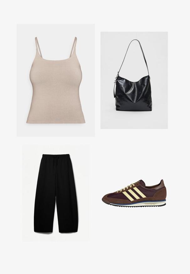 Beiger, enganliegender Tank-Top mit dünnen Trägern, hergestellt aus einem glatten, dehnbaren Stoff. Das Design hat einen runden Ausschnitt und keine sichtbaren Verschlüsse.; Schwarze weit geschnittene Hosen mit elastischem Bund und Kordelzug. Weicher Stoff mit glatter Textur. Gerader Schnitt mit Seitennähten.; Braune und burgunderfarbene Sneaker aus Wildleder und Mesh-Materialien, mit drei cremefarbenen Streifen, strukturiertem Stoff an der Zunge und einer Gummisohle.; Schwarze Leder-Schultertasche mit einer weichen, strukturierten Oberfläche. Sie hat ein geschwungenes Design und einen einzelnen verstellbaren Tragegurt. Kein zusätzliches Zubehör.