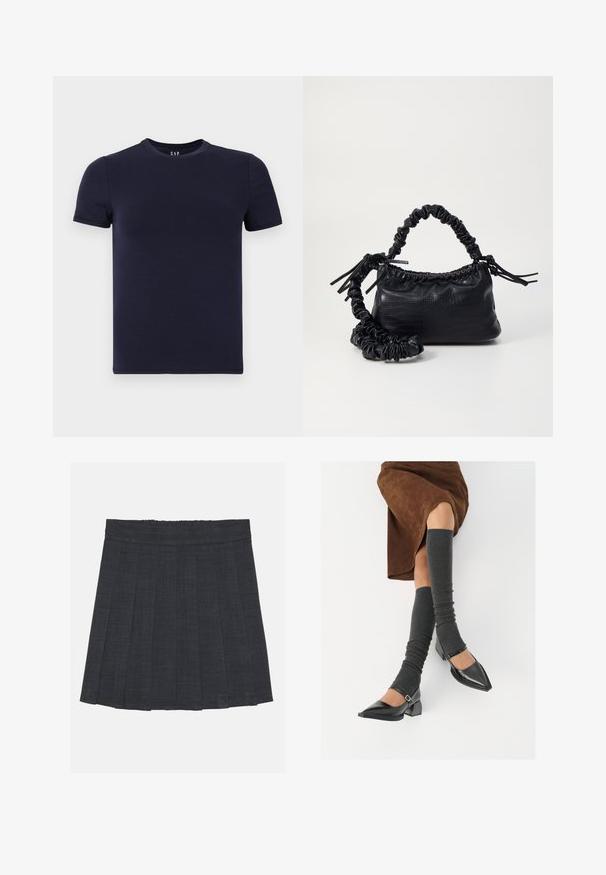 Tumed sinine ümmarguse kaeluse T-särk, mis on valmistatud siledast puuvillaste kangast, lühikeste varrukatega ja tavalise lõikega. Lihtne, seamatu disain, ilma mustriteta.; Tumeda hall pleediga seelik elastse vöökohaga, milles on tekstuuriga kangas ja klassikaline A-line siluett. Sobib igapäevaseks kandmiseks.; Mustad patsaline odav värviga kingad, millel on kreen ja pahkluuring, on paaritatud hallide ribakudumitega sääremiidega ja pruunist nahast seelikuga.; Must must sünteetilisest nahast käekott, millel on krokodillimuster, kokku tõmmatav ülaosa ja kortsus rihm. Tundub pehme ja kompaktne disain.