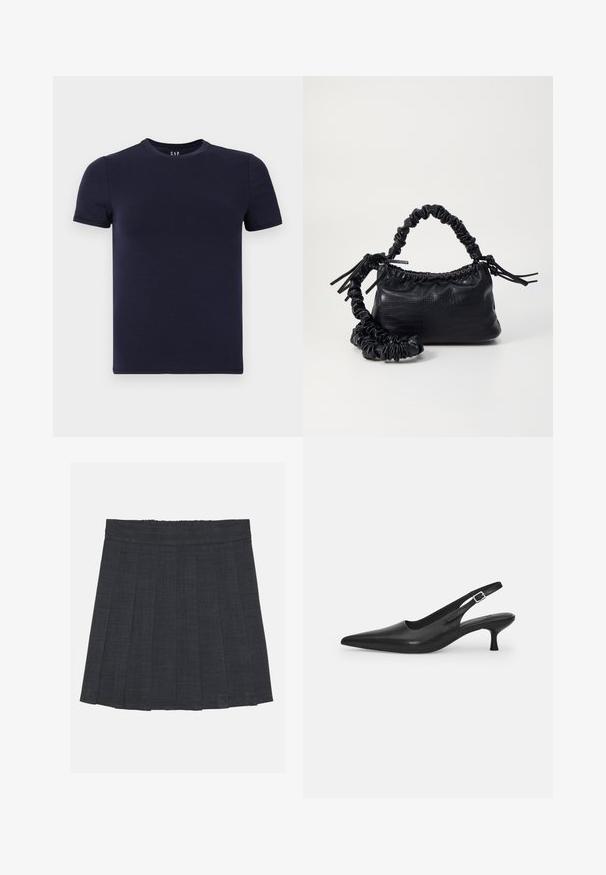 Navy blue crew neck t-shirt made of smooth cotton fabric, featuring short sleeves and a regular fit. Simple, seamless design without patterns.; Dark gray pleated skirt with an elastic waistband, featuring a textured fabric and a classic A-line silhouette. Suitable for casual wear.; Black leather slingback shoe with a pointed toe and a slim, curved heel. Features a discrete adjustable strap with a metal buckle.; Black faux leather handbag with a crocodile texture, cinched top, and a scrunched strap. Appears soft and compact in design.