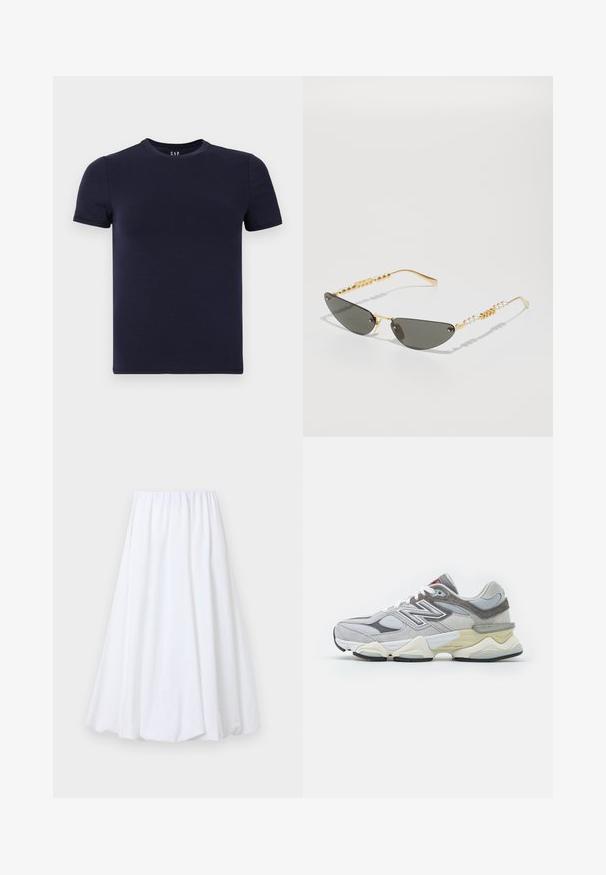 T-shirt crew neck blu navy realizzata in cotone morbido, con maniche corte e vestibilità regolare. Design semplice e senza cuciture, privo di motivi.; Gonna bianca lunga fino alla caviglia con vita elastica, realizzata in tessuto leggero con una texture liscia e una silhouette fluida.; Sneaker grigio in suede e rete con una spessa soletta bianca e beige, caratterizzata da un logo bianco prominente e dettagli in rosso.; Occhiali da sole con montatura dorata e lenti grigie scure. Forma unica a occhio di gatto. Le astine presentano una successione di perline dorate e accenti in perla.