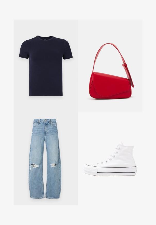 Navy blue crew neck t-shirt made of smooth cotton fabric, featuring short sleeves and a regular fit. Simple, seamless design without patterns.; Light blue, high-waisted jeans made of denim. Feature wide legs, two torn knee areas, and classic five-pocket styling.; White high-top canvas sneaker with black rubber sole, front rubber toe cap, and six eyelets for laces, featuring a clean, minimalist design.; Red leather handbag with an angular, geometric design. Features a single adjustable strap and a flap closure with stitched detailing.