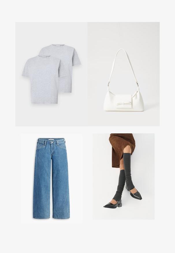 To korteermede t-skjorter i lys grå, laget av myk tekstil, med rund hals og en avslappet passform. Hver skjorte har minimal detaljering.; Lyseblå vide jeans laget av denim, med høy midje, fem lommer, og klassisk knapplukking. Rett snitt fra lår til hem.; Sorte lakkpumps med spiss tå, blokkhel, og ankelstropp, kombinert med grå ribbestrikkede beinvarmere og et brunt semsket skinn skjørt.; Hvit syntetisk håndveske med trekantet form, flat klaff foran og sløyfe detaljer, justerbar stropp, glatt tekstur og minimalistisk design.