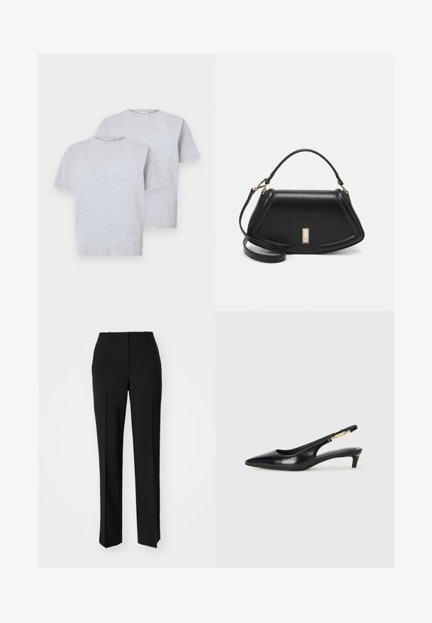 Dos camisetas de manga corta en gris claro, hechas de tela suave, que cuentan con un cuello redondo y un corte relajado. Cada camiseta tiene un detalle mínimo.; Pantalones negros ajustados con un diseño de pierna recta, que presentan una textura suave y pliegues nítidos en el frente. Sin herrajes visibles.; Tacones negros de piel sintética tipo slingback con punta afilada, que cuentan con un tacón delgado y un detalle en tono dorado en la correa ajustable. Textura suave.; Bolso de mano de cuero negro con un diseño estructurado, que presenta una forma recortada, asa superior y acentos en dorado. Correa de hombro ajustable incluida.