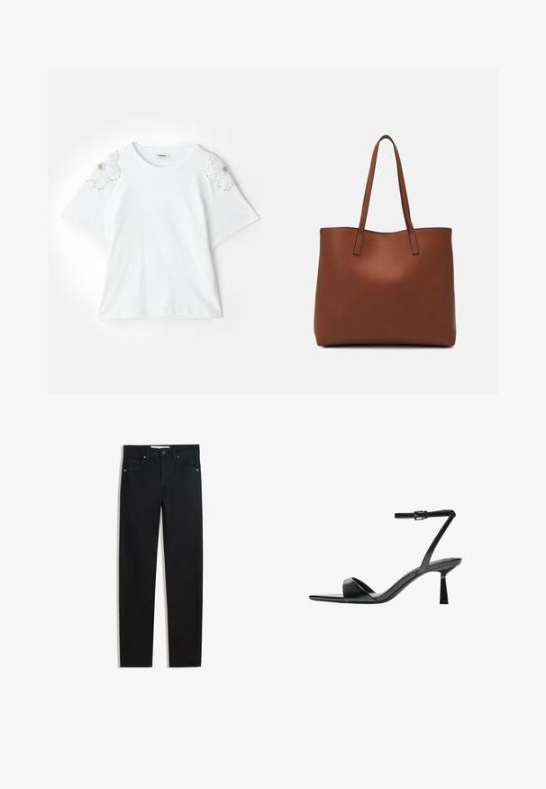 sandro T-Shirt print - blanc; Schwarze Jeans mit geradem Bein, fünf Taschen, Metallknopfverschluss und dezenten Nähten. Glatte Textur.; Bershka High Heel Sandalette - black; Braune Leder-Tote mit glatter Textur, offenem Oberteil und zwei Schulterriemen. Verfügt über minimale Nähte und keine sichtbaren Beschläge.