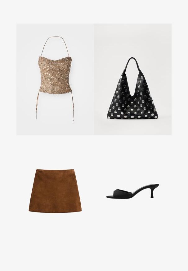 Top senza spalline con treccia in oro, caratterizzato da una superficie texturizzata e paillettata e legature in vita per una vestibilità regolabile. Silhouette liscia e aderente.; Gonna mini in suede marrone con una texture liscia, forma a sirena e orlo pulito. Nessun hardware visibile o motivi. Design semplice ed elegante.; Mule nere con tacco alto, dotate di una punta larga e aperta e di una parte superiore curva. Realizzate in tessuto texture, presentano un tacco sottile e una suola liscia.; Borsa in pelle nera con forma triangolare, caratterizzata da pois metallici argentati e un manico testurizzato. Finitura liscia nel complesso.