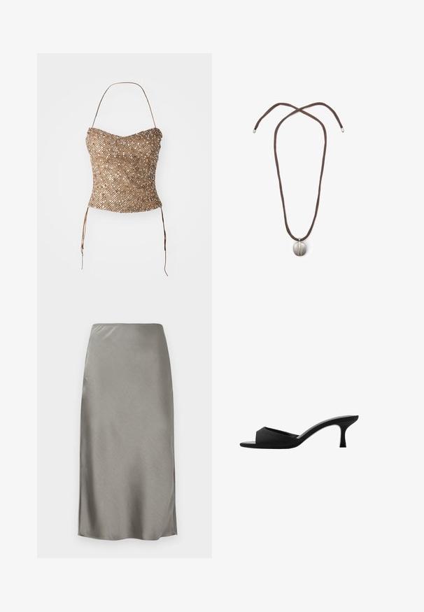 Flettet strapless top i guld, med en tekstureret, pailletbesat overflade og taljebånd for justerbar pasform. Glat, tætsiddende silhuet.; Grå satinkjole i midi-længde med en glat og strømlinet tekstur. Små sidelæg forbedrer bevægelsen. Minimalistisk design, tætsiddende talje og lige silhuet.; Sorte hælede mules med en bred åben tå og en buet overdel. Fremstillet af tekstureret stof, med en slank hæl og en glat sål.; Halskæde med en brun snor og en sølv oval vedhæng. Vedhænget har en glat overflade og en let fordybning i midten.
