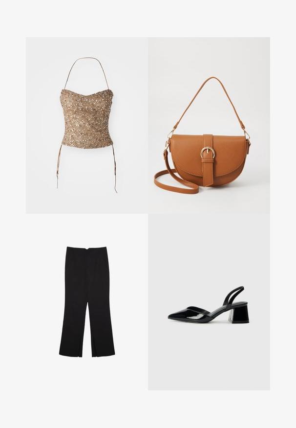 Kultainen punottu olkaimeton toppi, jossa on teksturoitu, paljeteilla päällystetty pinta ja vyötärösidokset säädettävää istuvuutta varten. Suora, muotoiltu siluetti.; Mustat housut suoralinjaisella leikkauksella, joissa on etutaskut ja sivurei'ät helman alla. Valmistettu pehmeästä ja sileästä kankaasta. Sopii eri tilaisuuksiin.; Mustat patentoitu nahkakengät, joissa on säären takaosa ja terävä kärki, sekä geometrinen palikkakorko. Sisältää tyylikkään, minimalistisen muotoilun ja sileän pinnan.; Ruskean nahkainen olkalaukku, jossa on kaareva muoto, kultaiset yksityiskohdat ja solkiyksityiskohta. Varustettu irrotettavalla olkahihnalla.