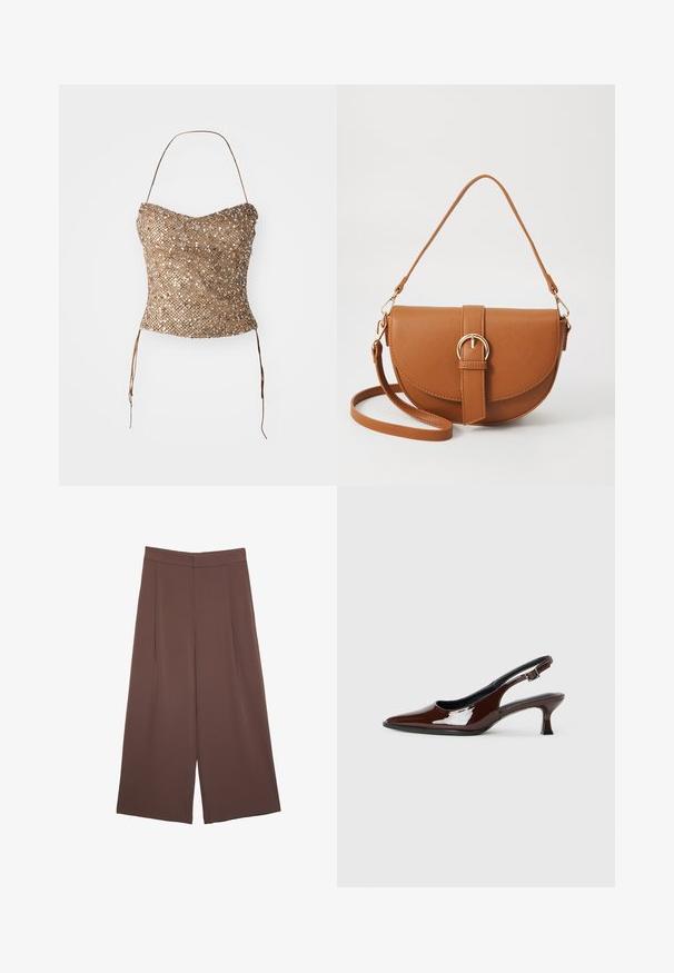 Flätad strapless topp i guld med en strukturerad, paljetterad yta och midjesnören för justerbar passform. Mjuk, figursydd silhuett.; Bruna vida byxor med en slät textur, som har hög midja och framfickor. Tyget är lätt och flödar löst.; Brun lackläder slingback-sko med spetsig tå och en måttlig klack. Utrustad med en spännband för säker passform. Slät textur.; Brun läder crossbody-väska med en böjd form, gyllene detaljer och en spänneaccent. Har en avtagbar axelrem.