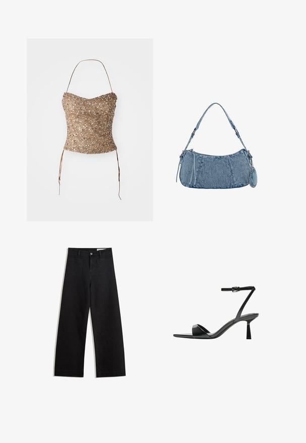 Pleteni top bez naramenica u zlatnoj boji, s teksturiranom, šljokicama prekrivenom površinom i vezicama u struku za prilagodljivu fit. Glatka, prilagodljiva silueta.; Crne široke traperice s visokim strukom, s prednjim i stražnjim džepovima, šivenim šavovima i kopčanjem na gumb. Glatka tekstura.; Bershka Sandale s visokom petom - black; Denimska torba s zakrivljenim oblikom, svijetloplave boje, podesivim remenom za rame i malim odvojivim džepom s metalnim akcentima.