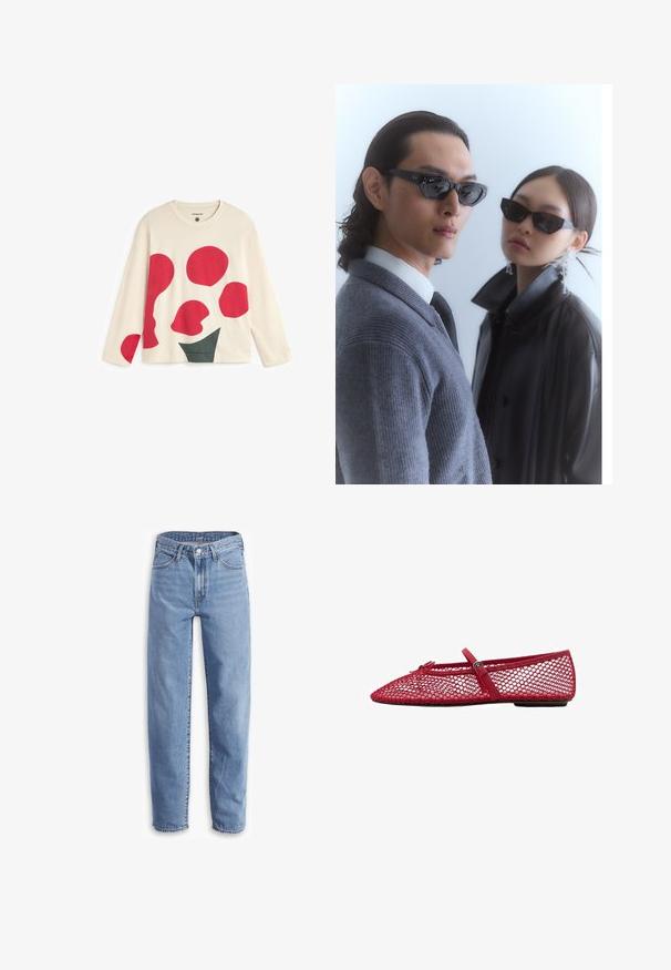 Camiseta de manga larga color crema con grandes formas abstractas en rojo y verde. Textura suave, escote redondo y ajuste relajado.; Vaqueros de mezclilla de color azul claro, con un ajuste relajado, pierna recta, diseño de cinco bolsillos y bajos deshilachados para un look casual.; Bailarinas de malla roja con punta afilada, que cuentan con una delgada correa y detalle de hebilla. La parte superior tiene un patrón abierto en forma de panal.; Gafas de sol con montura negra angular en un modelo con un suéter gris, mostrando un tejido texturizado y una chaqueta de cuero negra usada por otro modelo.; Bolsa con cremallera en azul marino oscuro, hecha de material brillante, con una textura suave y un sutil logo en la parte frontal. Diseño compacto y versátil.