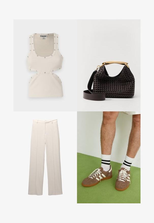 Witte geribbelde tanktop met een aansluitend ontwerp, voorzien van zilveren drukknopen op de schouders en uitsnijdingen bij de taille.; Wijde broek in lichtbeige stof met een gladde textuur. Heeft een nauwsluitende tailleband, voorplooien en geen zichtbare zakken.; Bruine suède sneakers met witte accenten en veters. Rubberen gumzool. Draag met witte sokken met zwarte strepen. Groene gestructureerde vloer.; Elleme BOOMERANG WOVEN - Handtas - brown