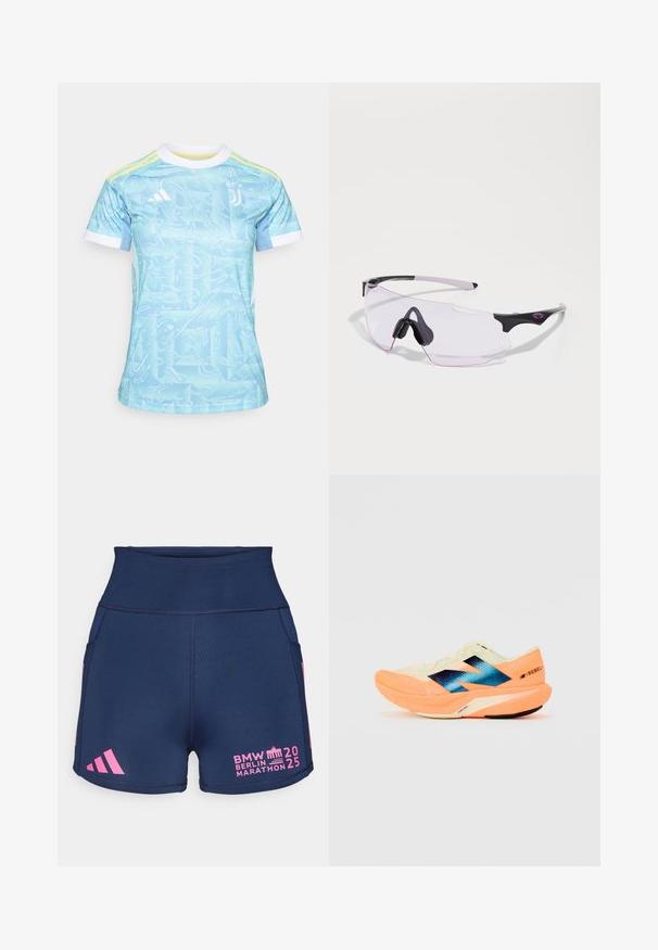 Lys blå atletisk jersey med et bølgete mønster, hvit krage og gule detaljer. Laget av pustende stoff, designet for sport.; adidas Performance BER25 SHORT THIGHTS - Korte løpetights - collegiate navy; Løpesko med en lett kremfarget overdel, blå merkevare og oransje detaljer på sålen. Nettverksstruktur for pusteevne.; Sports solbriller med et slitesterkt svart og rosa design, med en rammefri form og klare, lett tonede linser. Gummidetaljer inkludert.