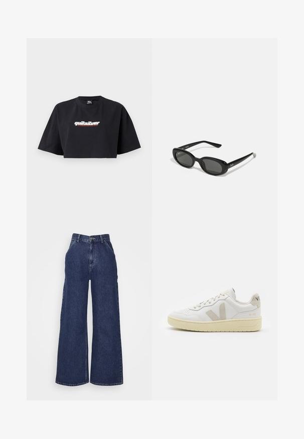 Mustapaita, lyhyet hihat, tehty puuvillasta. Edessä on valkoisella ja punaisella "Quiksilver Boarding Company" -logo.; Housut tummansinisestä denimmateriaalista, joissa on leveät lahkeet ja korkea vyötärö. Edessä taskut ja vetoketjulla suljettava metallinappi. Tasainen pinta ja klassinen muotoilu.; Valkoiset nahkakengät, joissa on vaaleanruskeat pigmenttisuojat, rei'itetty kärki, litteät nauhat ja teksturoitu kermaisa pohja. Takana on huomaamaton brändäys.; Mustat aurinkolasit, joissa on soikeat linssit, kiiltävä muovikehys ja kapeat varret. Sivussa on valkoinen Ray-Ban-logo.