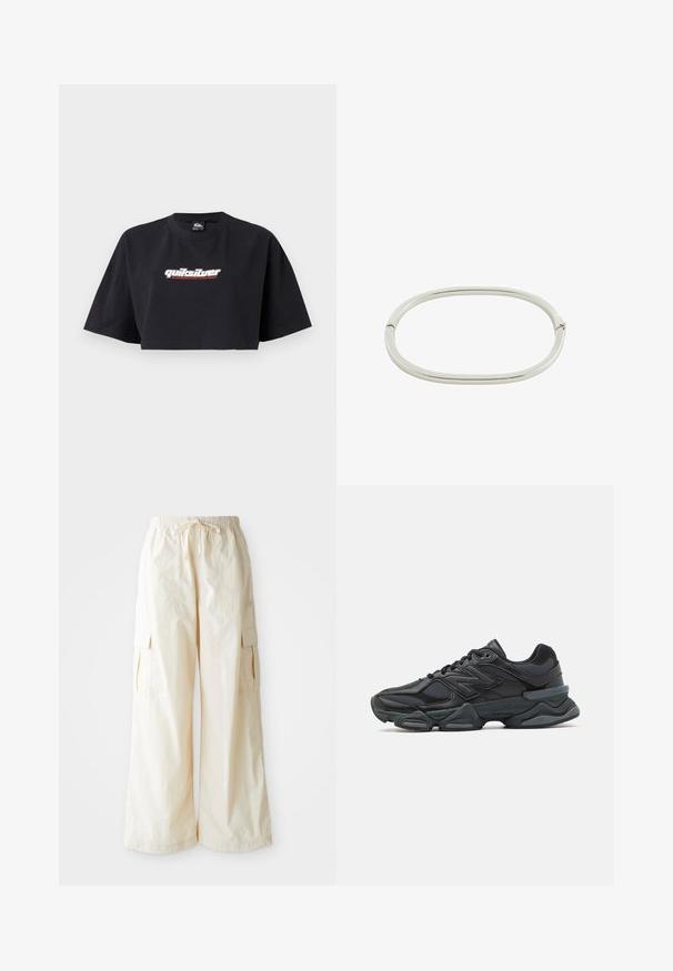 Schwarzes Cropped T-Shirt mit kurzen Ärmeln, aus Baumwolle. Auf der Vorderseite ist das Logo "Quiksilver Boarding Company" in Weiß und Rot abgebildet.; Weite Cargo-Hosen aus hellbeigem Stoff mit elastischem Bund, Kordelzug und Seitentaschen. Glatte Textur mit minimalen Details.; Schwarzer Laufschuh mit einer Mischung aus Mesh- und sinthetischen Materialien, dicke Sohle, geschwungenes Design und auffälliger Markenkennzeichnung an der Seite.; Silberne Armreife, ovale Form, glatte metallische Oberfläche, mit einem nahtlosen Scharnier zum Verschließen. Leicht und minimalistisch im Design.