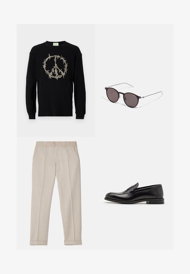 Fekete bordás pulóver hosszú ujjal, bézs hímzett béke szimbólummal, amelyet dróttal kerítettek körbe. Kerek nyakú, puha tapintású.; Filippa K TERRY CROPPED TROUSERS - Nadrágok - sage melange; Fekete bőr loaferek sima textúrával, kerek orral és dekoratív pánttal a vampnál. Alacsony, rétegelt sarkú, minimalista dizájn.; Fekete kerek napszemüveg sötét lencsékkel és karcsú fém szárakkal. Átlátszó szárvégeket és ezüst részleteket tartalmaz az ívnél. Minimalista dizájn.