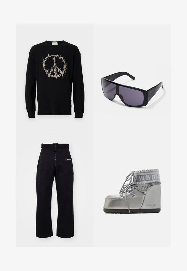 Hanorac negru cu nervuri, cu mâneci lungi, ce prezintă un simbol al păcii brodat bej, înconjurat de sârmă ghimpată. Decupaj rotund la gât, textură moale.; Pantaloni cargo negri, cu picioare largi, având închidere cu fermoar și Velcro, prevăzuți cu două buzunare frontale și un buzunar lateral cu un detaliu rectangular din metal.; Ghetele argintii impermeabile au o formă rotundă, cu un finisaj texturat și șireturi gri. Prezintă un logo proeminent "MOON BOOT" în partea superioară.; Ochelari de soare negri cu un design înfășurător, lentile întunecate, cadru din plastic neted și branding subtil pe brățară.