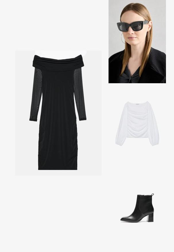 Witte lange mouwen top met een brede halslijn en geplooide details aan de voorkant. Gemaakt van zachte stof met luchtige mouwen.; Zwarte off-shoulder jurk met lange doorzichtige mouwen van gaas, gerimpelde zijkanten, gladde stof en een aansluitende silhouet.; Zwarte leren enkelboot met een ronde neus, een blokhak van gemiddelde hoogte en een trekstrap aan de achterkant. Glad textuur, minimalistisch ontwerp.; Zwarte cat-eye zonnebril met donkere lenzen, dikke monturen en subtiele accenten. Draagt een zwarte jas en een grijze top, met lang stijl haar.; Zwarte leren schoudertas met een platte vorm, gouden hardware-accenten en een verstelbare schouderband. Gladde textuur met minimale stikdetails.