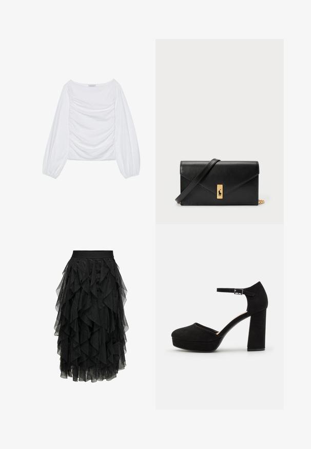 Biała bluzka z długim rękawem z szerokim dekoltem i marszczeniami z przodu. Wykonana z miękkiego materiału z luźnymi rękawami.; Czarna midi spódnica z warstwowego tiulu o falbaniastym wzorze. Posiada elastyczny pas. Przezroczysty materiał dodaje faktury i ruchu.; Czarne zamszowe szpilki na platformie z grubym słupkowym obcasem, zaokrąglonym noskiem i paskiem wokół kostki zabezpieczonym metalowym klamrem. Gładka faktura na całej powierzchni.; Czarny skórzany portfel z klapą, złotą okuciami, z akcentem logo. Zawiera odpinany pasek do noszenia.
