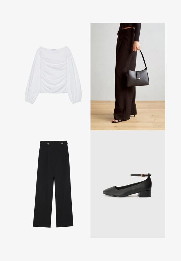 Balta ilga rankovė viršutinė dalis, pasižyminti plačia kaklo iškirpte ir susiraukšlėjimu priekyje. Pagaminta iš minkštos medžiagos su plačiomis rankovėmis.; Juodi plačios kojos kelnės su aukštu liemeniu, sagų detalėmis ant liemens ir priekinėmis raukšlėmis.; Juodas odinis aukštakulnis batelis su smailiu pirštu ir žemu bloku. Su kulkšnies dirželiu su auksinės spalvos sagtimi. Lygus paviršius.; Juodas rankinė struktūrizuota forma, lygi tekstūra ir metalinis užsegimas. Suporuota su plačiomis juodomis kelnėmis ir atvirais bateliais ant medinių grindų.