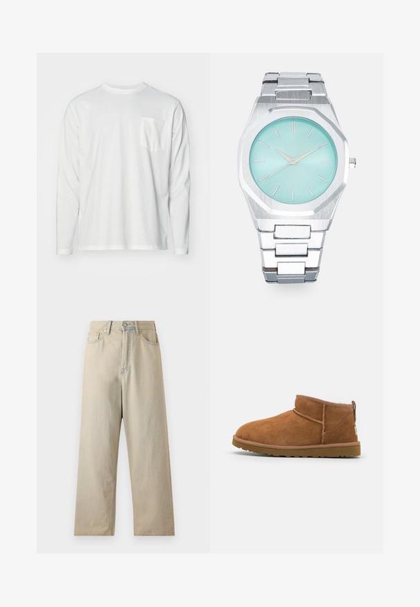 Long-sleeve white t-shirt made of cotton. Features a round neckline and a left chest pocket. Smooth texture and casual fit.; Light beige wide-leg jeans with a high waist, made of denim fabric. Features classic five-pocket styling and subtle fading.; Tan suede ankle boot with a rounded toe, subtle stitching details, and a textured rubber sole. Short height without laces.; Silver octagonal watch with a light turquoise dial, minimalist silver hands, and hour markers. Metallic link bracelet with brushed texture.