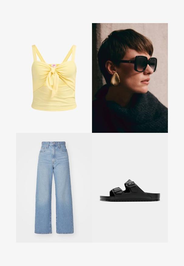 Yellow ribbed crop top with a knotted front detail and adjustable double straps. Features a fitted design and soft texture.; Light blue high-waist wide-leg jeans with front button and zip closure, front and back pockets, on a white background.; Black sandals with two adjustable straps, made of synthetic material. Features textured footbed and durable rubber sole with grip.; Black oversized sunglasses with dark lenses and gold hardware, paired with a large, shiny gold teardrop earring. Dark textured scarf.; Tan leather handbag with structured design, double top handles, detachable shoulder strap, gold hardware, and a small luggage tag.; Rose gold bangle featuring two interlocking bands, one adorned with a row of diamonds, sleek surface, and smooth edges.