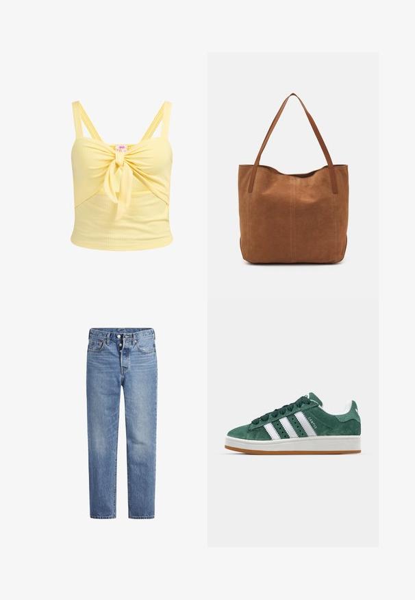 Žuta rebrasta kratka majica s čvorom na prednjem dijelu i podesivim dvostrukim naramenicama. Ima prianjajući dizajn i mekanu teksturu.; Svijetloplave traperice ravnog kroja, s pet džepova i dugmetom za zatvaranje. Imaju suptilno izbljeđivanje i akcentirane narančaste šavove.; Zelene nubuk tenisice s bijelim kožnim prugama, gumeni potplat, podstavljeni ovratnik i minimalistički dizajn. Ima oznaku branda sa strane.; Smeđi nubuk torba s dugim ručkama, s glatkom teksturom, jednostavnim dizajnom i bez vidljivih metalnih dijelova ili akcenata.