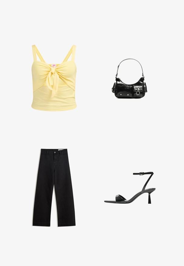 Keltainen ribbikuvioinen crop-top, jossa on solmittu etuosa ja säädettävät tuplahihnat. Ominaisuuksiin kuuluu istuva muotoilu ja pehmeä rakenne.; Mustat leveät farkut korkealla vyötäröllä, joissa on etu- ja takataskut, ommellut saumat ja nappisuljenta. Silkinoinen rakenne.; Bershka Korolliset sandaalit - black; Mustekko mustasta kiiltonahasta valmistettu käsilaukku, jossa on kaareva muoto, yksi olkahihna, etutaskut ja hopeanväriset yksityiskohdat.