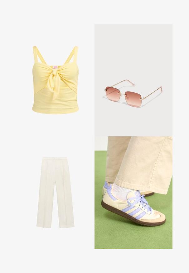 Żółty prążkowany crop top z węzłem z przodu i regulowanymi podwójnymi ramiączkami. Posiada dopasowany krój i miękką teksturę.; Spodnie o szerokich nogawkach w jasnym kolorze kremowym. Wykonane z gładkiego materiału, z plisami z przodu i bocznymi kieszeniami.; Kremowe i lawendowe trampki z trzema paskami oraz teksturowaną brązową podeszwą, wyposażone w sznurówki i wyścieloną piętę. Górna część z miękkiego materiału.; Prostokątne okulary przeciwsłoneczne z gradientowymi, różowymi soczewkami, złotą metalową oprawką i różowymi zausznikami. Posiadają małe noski i subtelne detale zawiasów.