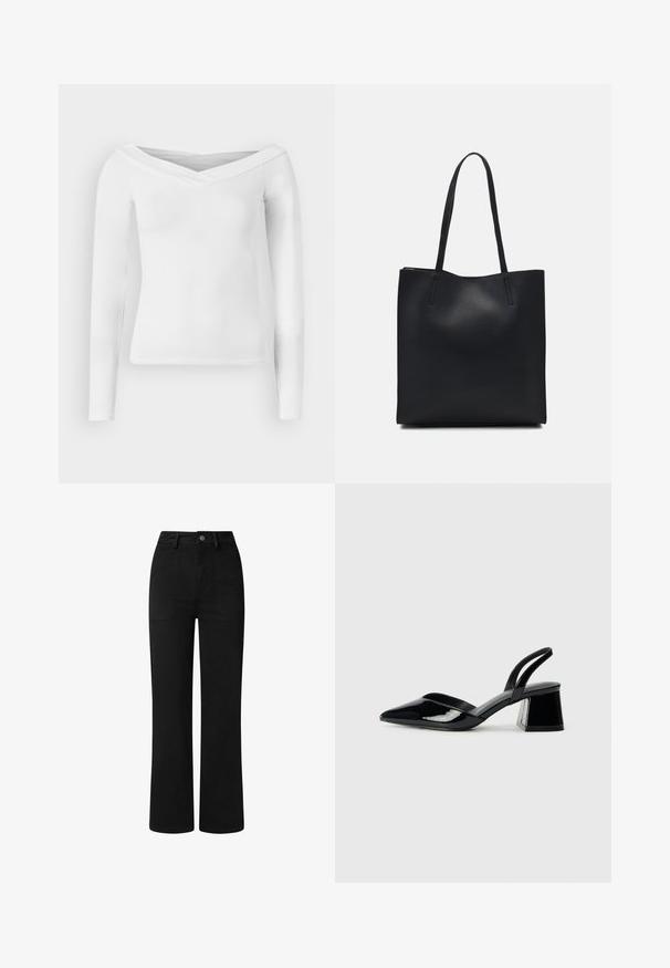Hvit langermet topp med av-skulder, V-hals design. Laget av et glattere, elastisk stoff med en tettsittende silhuett og ingen synlige mønstre.; Sorte, høy midje bukser med rett ben-design, laget av glatt bomullsstoff. Har frontlommer og en enkel metalldeksel.; Svarte patentlær slingback hæler med spiss tå og geometrisk blokk hæl. Har et stilrent, minimalistisk design og jevn tekstur.; Svart lær tote bag med glatt tekstur, rektangulær form og to lange håndtak. Ingen synlige deler eller dekorasjoner.