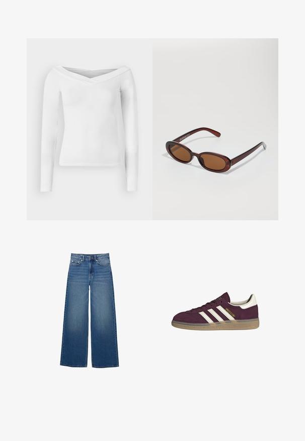 Fehér, hosszú ujjú felső, lecsúsztatott vállú, V-nyakú kialakítással. Simább, rugalmas anyagból készült, testre simuló sziluettel és látható minták nélkül.; Széles lábú, farmertből készült kék nadrág, magas derékkal, varrásokkal és egy egyszerű, enyhe koptatással.; Burgundi velúr sportcipő fehér három csíkkal és bézs díszítéssel. Jellemzője a texturált gumitalp és az arany logó az oldalon.; Kerek, barna árnyalatú napszemüveg fényes burgundi kerettel. Karcsú karok diszkrét márkázással. Lapos lencse kialakítás.; Barna szőtt bőr kézitáska, amely laza, háromszög alakú. Fonott füllel és felső cipzárral rendelkezik.