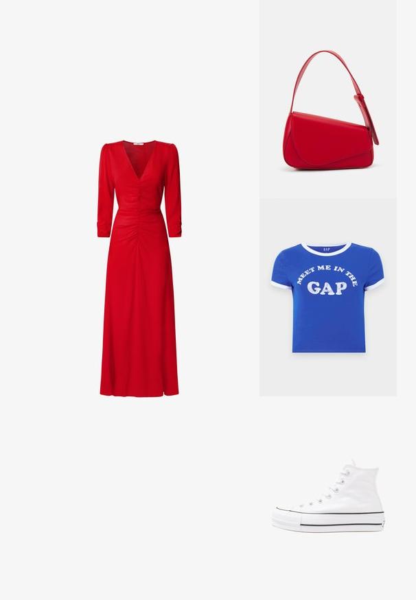 Mėlynas medvilnės marškinėliai su balta apykakle ir rankovių kraštais. Priekyje yra tekstas "PASITIKTINAME SKIRTUME" baltu nusidėvėjusiu spaudiniu.; Raudona suknelė su V formos iškirpte, trimis ketvirtadaliais rankovėmis ir susiraukšlėjimo detalėmis juosmens ir nugaros srityse. Audinys atrodo lygus ir lengvas.; Balti aukštakulniai drobės sportbačiai su juodu guminio pado, priekinio guminio piršto dangteliu ir šešiais akytėmis raištams, pasižymintys švariu, minimalistiniu dizainu.; Raudona odinė rankinė su kampuota, geometrine forma. Pasižymi viena reguliuojama dirželiu ir dangteliu su siuvinėtais dekoracijomis.