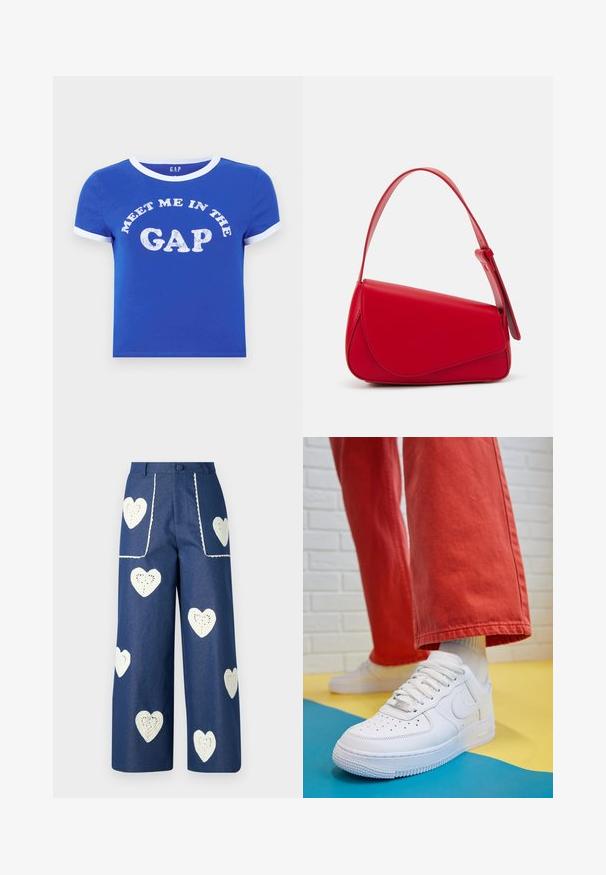 Blaues Baumwoll-T-Shirt mit einem weißen Rundhalsausschnitt und Ärmelbündchen. Mit Fronttext "MEET ME IN THE GAP" in abgenutztem weißen Druck.; Sister Jane HEART TO HEART - Jeans Straight Leg - blue denim; Weiße Leder-Sneaker mit perforiertem Zehenbereich, strukturiertem Sohlen und weißen Schnürsenkeln, kombiniert mit weiten roten Hosen und einem blauen und gelben Hintergrund.; Rote Lederhandtasche mit einem kantigen, geometrischen Design. Verfügt über einen verstellbaren Schulterriemen und einen Klappenverschluss mit genähten Details.