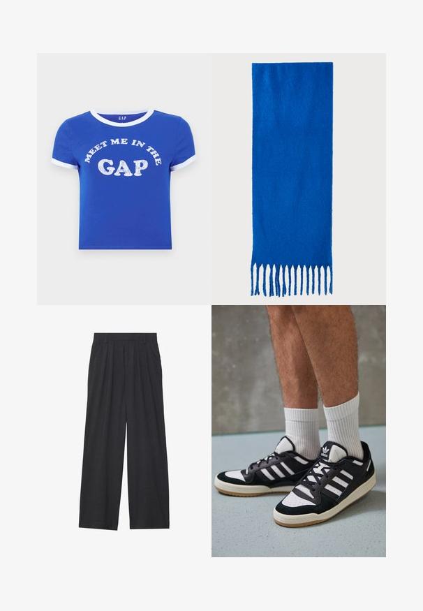 Niebieska bawełniana koszulka z okrągłym dekoltem i mankietami w białym kolorze. Na przodzie napis "SPOTKAJ SIĘ W PRZERWIE" w postarzanym białym druku.; Szerokie spodnie wykonane z ciemnoszarego materiału. Posiadają pliski w talii, dopasowany krój oraz prostą sylwetkę.; Czarno-białe sneakersy z zamszową i skórzaną cholewką, z trzema białymi paskami, perforowanym czubkiem i gumową podeszwą w kolorze gumy.; Niebieski szalik z frędzlami wykonany z miękkiego materiału; ma jednolity kolor z teksturowaną powierzchnią i równomiernie przyciętymi frędzlami na dole.; Czarna torba na ramię wykonana z teksturowanego materiału syntetycznego. Posiada wytłoczone logo oraz regulowany pasek. Zamek błyskawiczny.