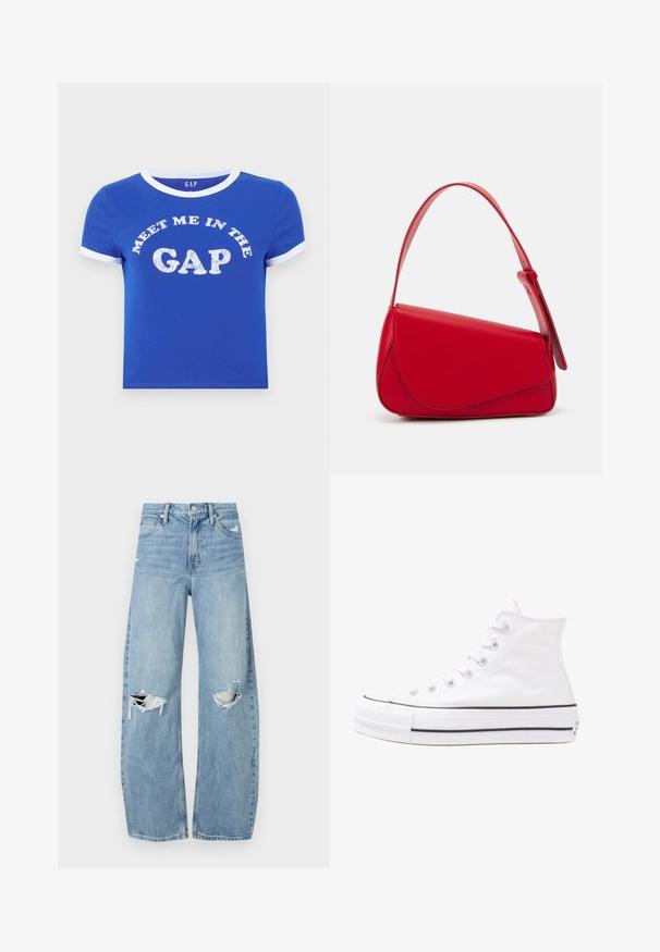 Niebieska bawełniana koszulka z okrągłym dekoltem i mankietami w białym kolorze. Na przodzie napis "SPOTKAJ SIĘ W PRZERWIE" w postarzanym białym druku.; Jasnoniebieskie, wysokiej talii dżinsy wykonane z denimu. Posiadają szerokie nogawki, dwa podarte miejsca na kolanach oraz klasyczne pięć kieszeni.; Białe wysokie trampki z płótna z czarną gumową podeszwą, przednim czubkiem z gumy i sześcioma dziurkami na sznurowadła, charakteryzujące się prostym, minimalistycznym designem.; Czerwona skórzana torebka o kanciastym, geometrycznym designie. Posiada jedną regulowaną rączkę oraz zapięcie na klapę z przeszyciami.