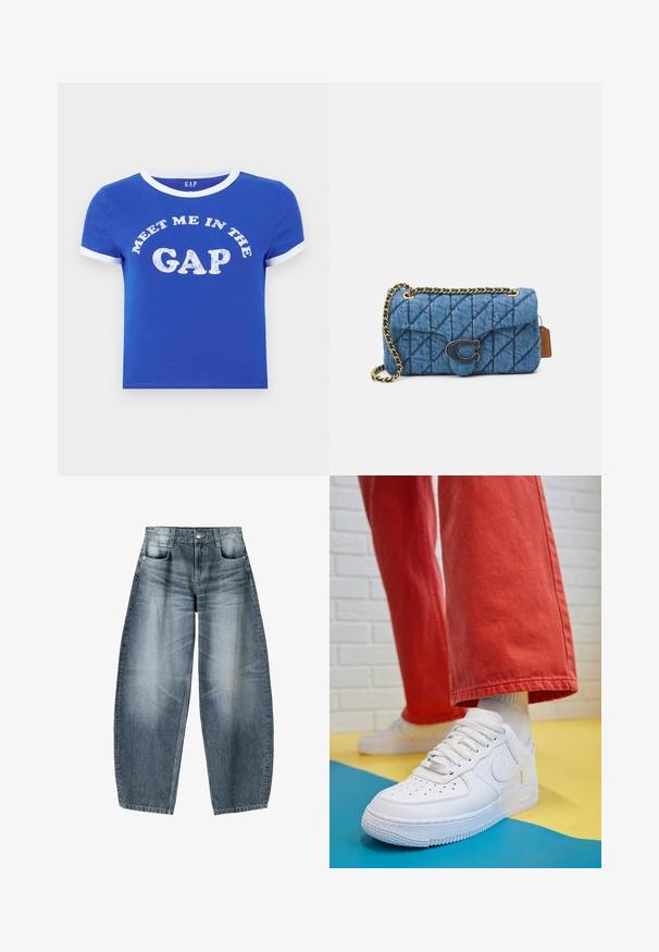 Modrá bavlněná tričko s bílým kulatým výstřihem a manžetami na rukávech. Na přední straně je text "SE POTKEJME V MEZEŘE" v opotřebovaném bílém tisku.; Džínsy s širokými nohavicemi vyrobené z světle modrého denimového materiálu s vybledlým vzhledem, s pěti kapsami, zapínáním na knoflík a minimálními stehy.; Bílé kožené tenisky s perforovanou špičkou, texturovanou podešví a bílými tkaničkami, v kombinaci s širokými červenými kalhotami a modro-žlutým pozadím.; Modrá prošívaná džínsová kabelka na rameno se zlatým řetízkovým popruhem a výrazným zlatým logem na přední straně. Kompaktní obdélníkový tvar.