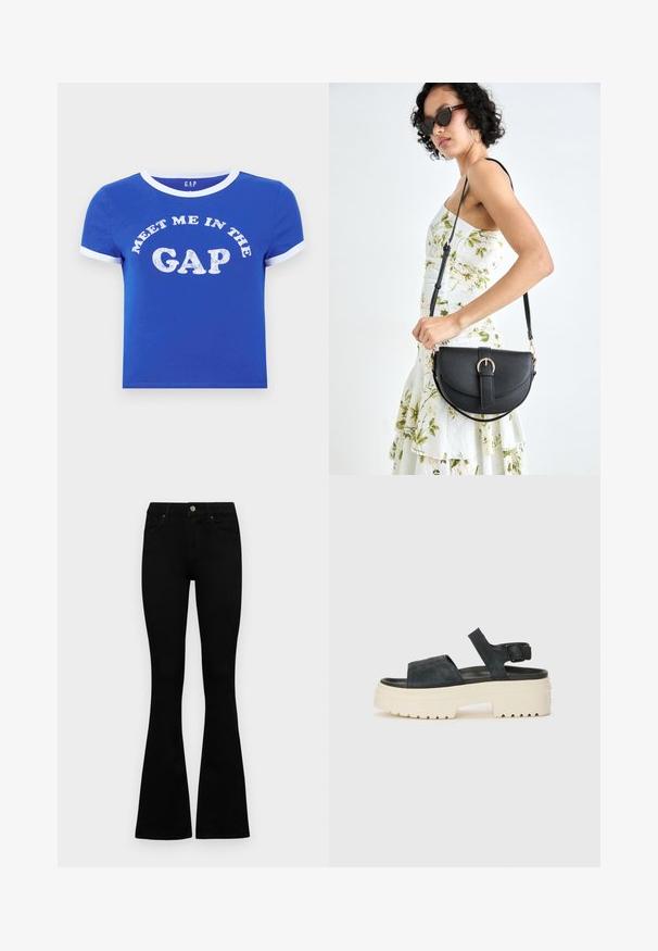 Blå bomulls t-shirt med vit rund halsringning och ärmslut. Har text framtill som står "MEET ME IN THE GAP" i slitet vitt tryck.; Svarta högmidjade jeans med knäppning och dragkedja, frontfickor och utsvängda ben, liggande platt på en vit bakgrund.; Svarta mocka plattformsandaler med en kraftig vit sula, breda framremmar och justerbar ankelsnodd. Texturerad sula för bra grepp.; Svart läderhandväska med en böjd form, avtagbar rem och guldiga detaljer. Väskan har ett lock med en spänndetalj.