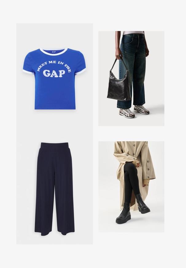 Niebieska bawełniana koszulka z okrągłym dekoltem i mankietami w białym kolorze. Na przodzie napis "SPOTKAJ SIĘ W PRZERWIE" w postarzanym białym druku.; Spodnie o szerokich nogawkach w ciemnonawiwowym materiale z rdzeniowym wzorem. Posiadają gładki pas i luźny krój, sięgający do połowy łydki.; Czarne skórzane botki za kostkę z detalami sznurowania, podwyższeniem w podeszwie oraz fakturowanymi czarnymi legginsami, noszone z jasnobeżowym trenczem.; Czarna skórzana torba na ramię o gładkiej fakturze i regulowanym pasku, w zestawieniu z wyblakłymi dżinsami typu wide-leg i sportowymi butami.